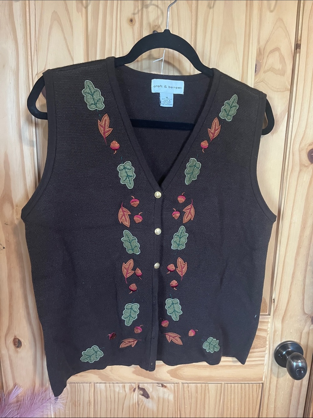 croft & barrow Vintage Brown Embroidered Leaf Button-Front Sweater Vest